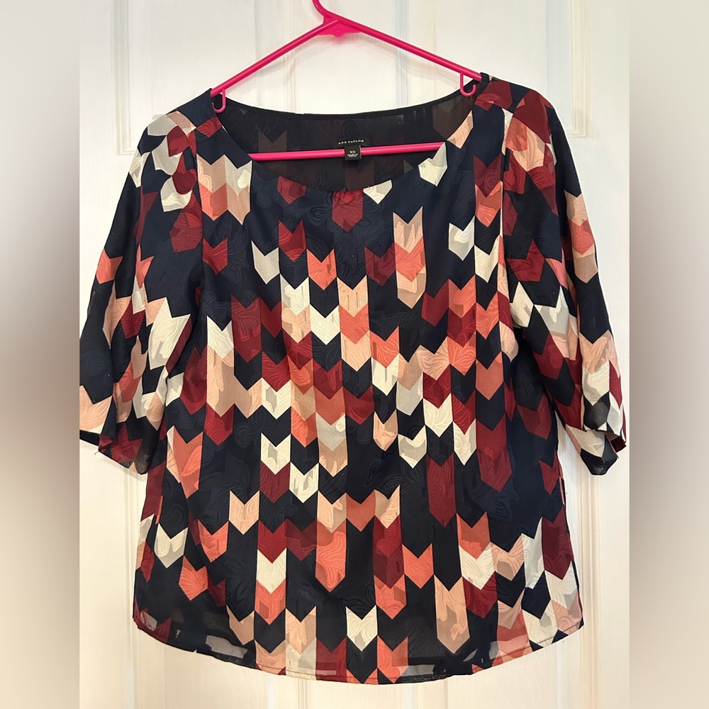 Ann Taylor Multicolor Chevron Print Blouse - Navy, Red, Cream